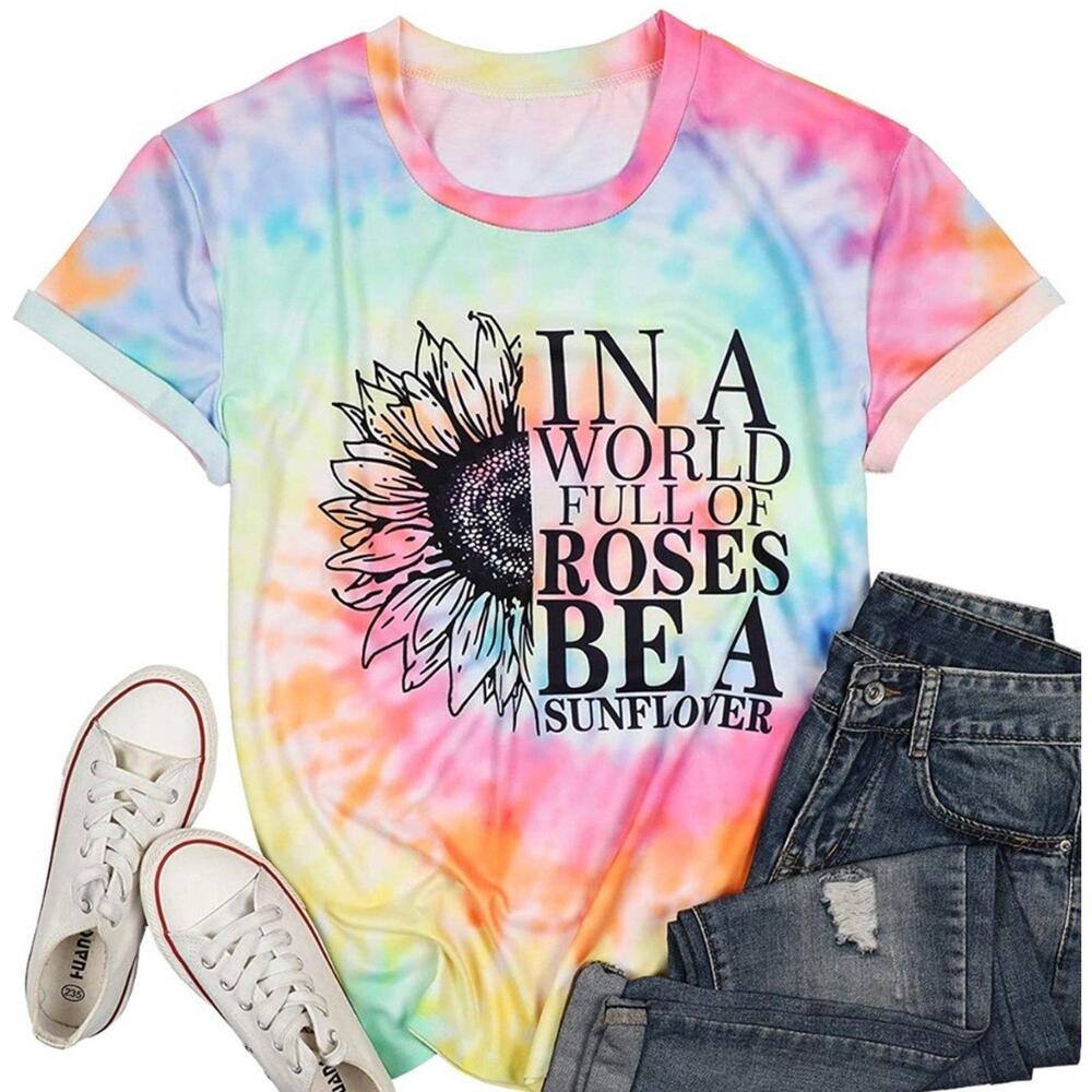 Graphic T Sunflower Tie Dye Short Sleeve Shirt Short Soft Sleeve Large